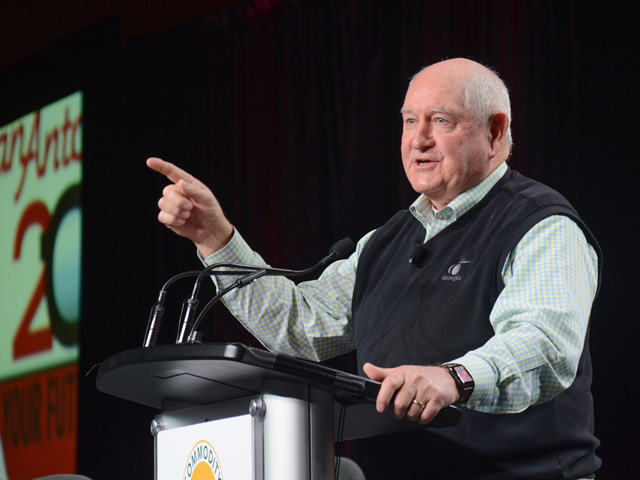 Agriculture Secretary Sonny Perdue addresses Commodity Classic on Friday, discussing trade, the coronavirus and the potential for a third round of trade assistance payments. (DTN photo by Matt Wilde)
